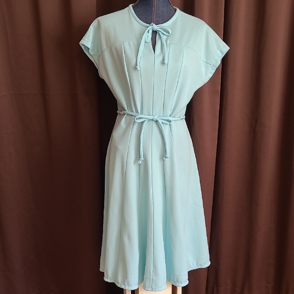 Dresses & Skirts - Vintage, 80s, Light Aqua Tie-Waist Midi Dress